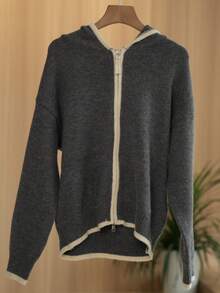 JIANHU Casual Zip Up Knit Hoodie With Contrast Trim, Relaxed Fit Fall Winter Essential