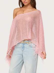 Women Sheer Knit Poncho Top One Shoulder Lightweight Knit Shrug Bolero Solid Color Tassel Bat Sleeve Crochet Crop Sweater Top Sheer Mesh Knit Poncho Asymmetric Off Shoulder See-Through Knit Sweater Beach Cover Ups - 粉色 - 查看 1