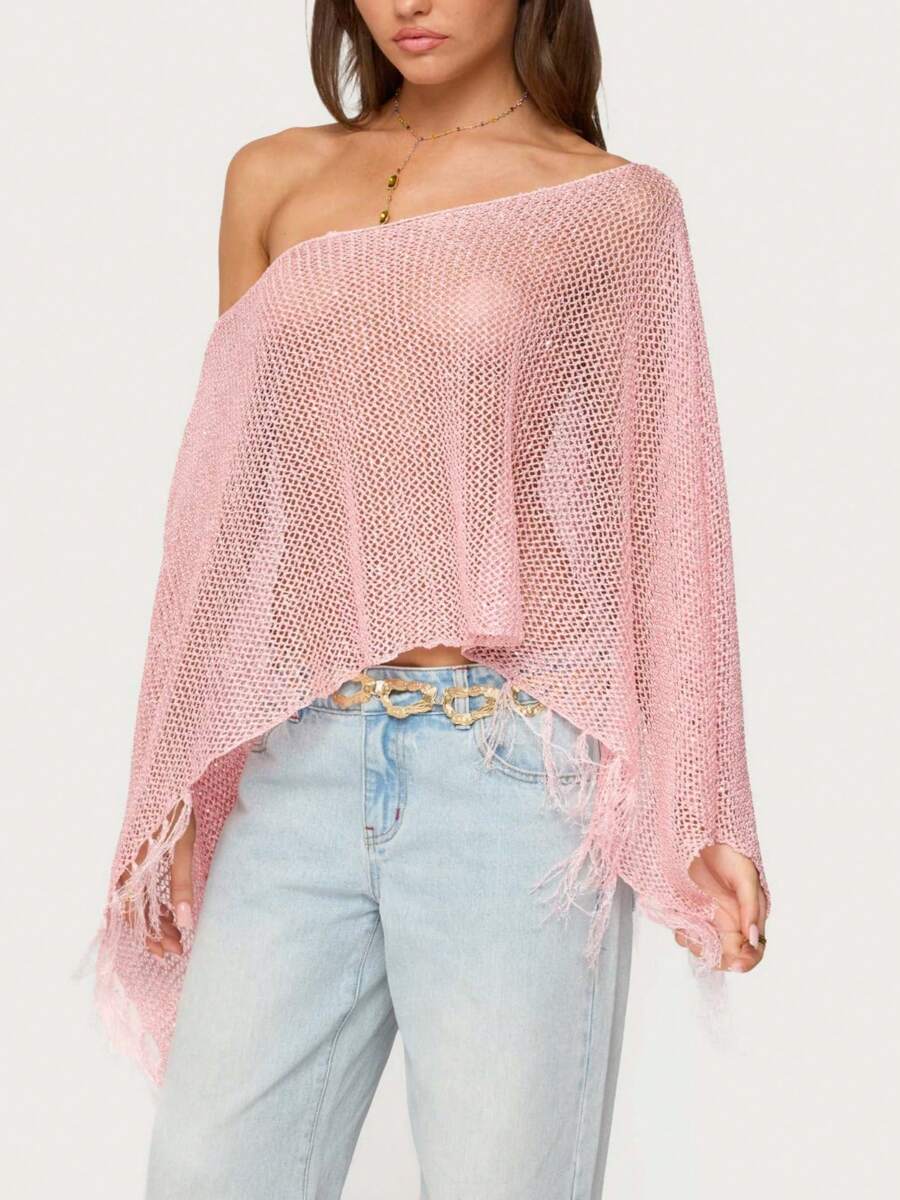 Women Sheer Knit Poncho Top One Shoulder Lightweight Knit Shrug Bolero Solid Color Tassel Bat Sleeve Crochet Crop Sweater Top Sheer Mesh Knit Poncho Asymmetric Off Shoulder See-Through Knit Sweater Beach Cover Ups - 粉色 - 查看 1