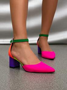 女士霓虹撞色尖头踝带粗跟高跟鞋，撞色设计，活力四射，适合派对、夜店、时尚活动等场合，大胆时尚，是春、夏、秋季的理想之选。如果您的脚型偏瘦，请选择比标准尺码小一码的尺码。 - 彩色 - 查看 6