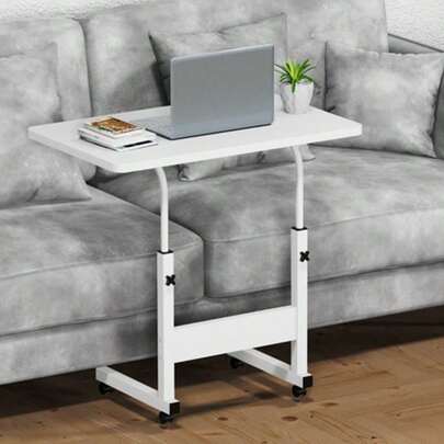 Bureau d'ordinateur mobile, table d'appoint, bureau mobile pour maison, table pour ordinateur portable, 4 roulettes universelles, bois, résistant aux taches blanc/marron