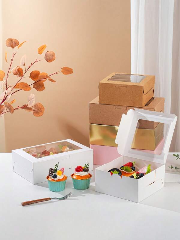5pcs/Set Multi-Color Options Kraft Paper Boxes, Brown Boxes For Cupcakes/Tarts/Muffins | 4pcs/6pcs Options | Baking Pastry Picnic Takeout Boxes
