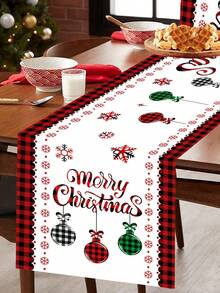 1pc Red And Black Checkered Border With Tree Balls Pattern Polyester Christmas Table Runner, 35*180cm, Christmas Table Cloth Table Runner Decor Perfect For Christmas Decor Home, Christmas Party, Christmas Party Decor, Merry Christmas Decorations 2026, Xmas Decorations Holiday, Christmas Stuff, Party Decoration Supplies, Family Holiday