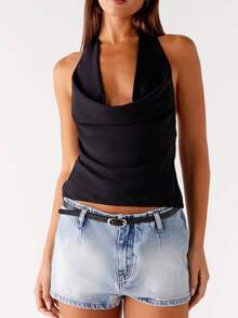 Tank Top For Women Summer Halter Tops Deep V-Neck Pleated Sleeveless Cami Shirts Party Night Streetwear - màu đen - Xem 7