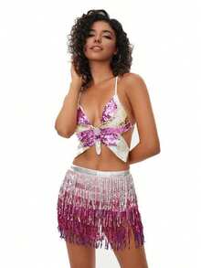 2pcs Set Glitter Fringe Strap Dress For Belly Dancing, Latin Dance, Stage Performance, Competition - 彩色 - 查看 9