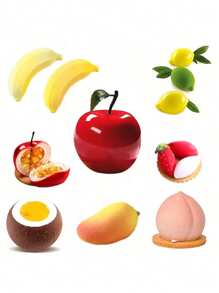 这款硅胶模具适合制作水果慕斯蛋糕，也可用于烘焙法式糕点，例如水果慕斯蛋糕、甜点、巧克力糕点、水果布丁、果冻和冰淇淋。它还可以用来制作圣诞夜、情人节和婚礼等场合的蛋糕装饰。这款模具不粘且易于脱模，形状包括苹果、芒果、香蕉、桃子、椰子、榛子、橄榄、草莓、樱桃、覆盆子、可可、橙子和柠檬。