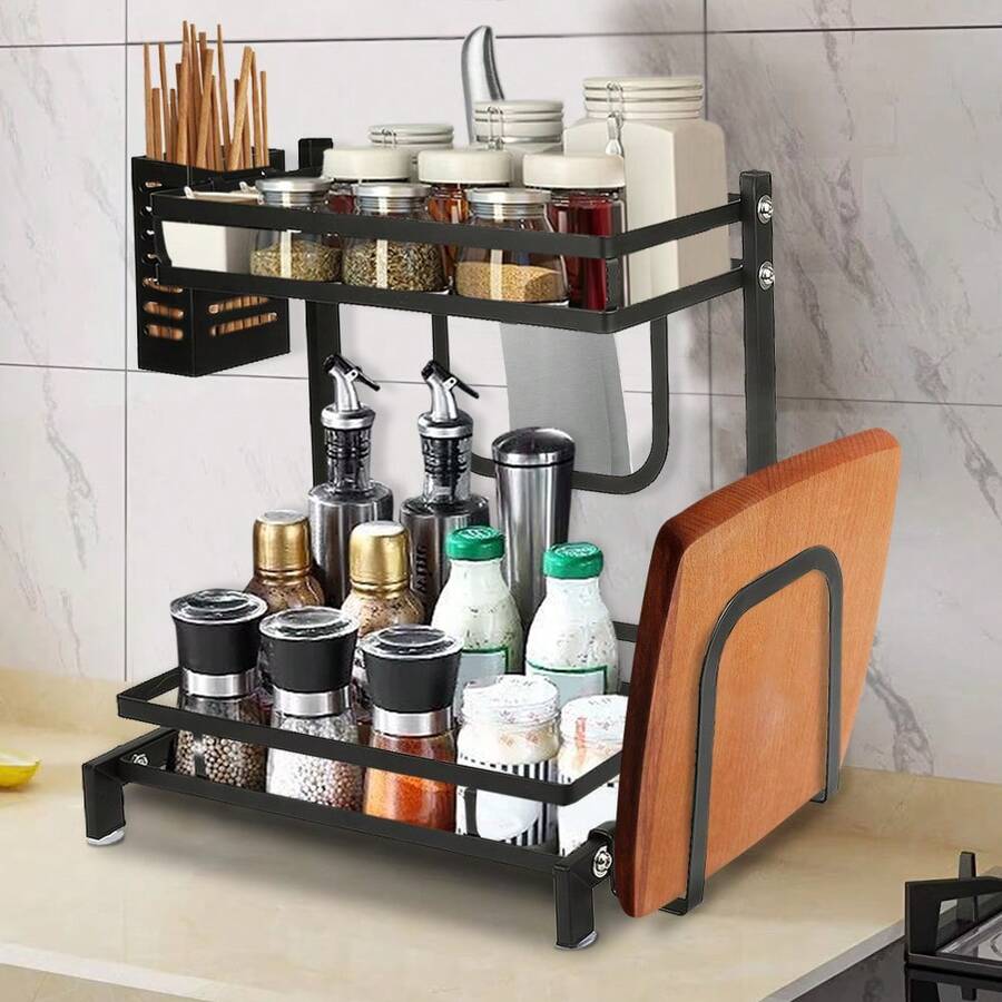 Stainless Steel Spice Rack, Sliding Storage Basket Under The Sink, Storage And Organization Rack For Kitchen, Dining Room And Bathroom, Storage Basket Under The Sink - 黑色-2層 - 查看 1