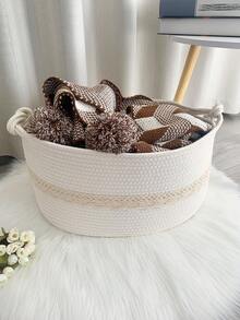 1 Piece Round-Shaped Handwoven Storage Basket, Suitable For Hallway, Laundry Room, Bedroom, Living Room, Foldable For Child Toys, Clothes, Pillows, Blankets, Large Capacity Thick Rope Woven Laundry Basket With Lucky Knot Handle - Multicolor - View 10