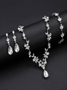 A Set Of 4 Pieces/Pieces Of Fashionable And Elegant Alloy Rhinestone Glass Necklace, Earrings And Bracelet Jewelry, Suitable For Women's Weddings, Banquets, Balls And Parties