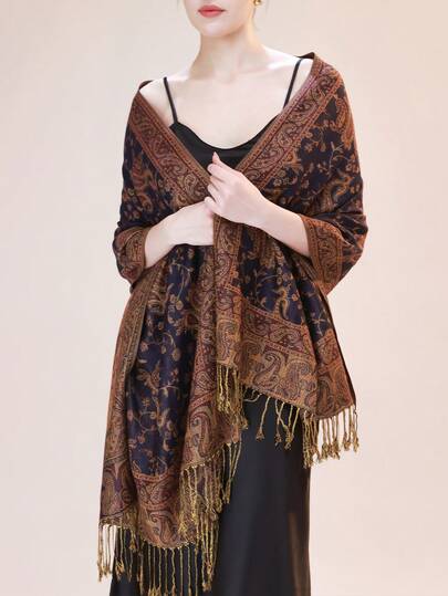 FADZOYLE 1 قطعة شال بوهيمي طويل ذو شرابات متعدد الألوان بطراز البايزلي الجاكار الرجعي، مناسب لجميع المواسم الربيع والصيف والخريف والشتاء، باشمينا وشاح مناسب للخروجات اليومية والسفر والحفلات والزفاف والحفلات الراقصة والعرائس، إكسسوارات نسائية للفستان