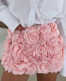 Women 3D Rose Flower Mini Skort Embellished Aline High Waist Pencil Bodycon Going Out Athletic Short Skorts - Pink - View 1