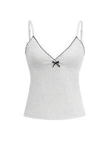Outfit estivo da spiaggia per donne stile Y2K per San Valentino e ritorno a scuola, top lavorato a maglia bianco con scollo a V, decorazione fiocco e stampa a pois sexy - Bianco - Visualizzare 3
