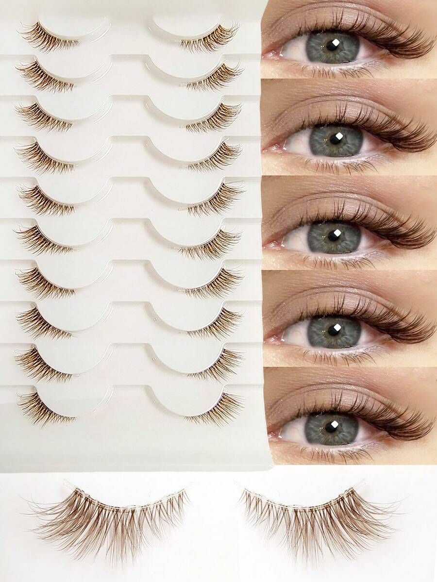 Asiteo 10 Pairs Brown Half Lashes Clear Band Eyelashes Cat Eye False Eyelashes Short Soft 3d Faux Mink Eyelashes Soft Natural Makeup Cat Eye Lashes End Eye Elongated Lashes For Daily Wear Bachelor Party,Dates,Parties - Cat Eye Lashes - View 1