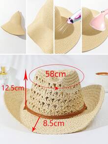 1pc Unisex Solid Hollow Out Cowgirl Hat Sun Hat Wide Brim Handmade Sun Visor Windproof Rope Cowboy Hat Perfect Beach Hat Straw Hat For Outdoor - Multicolor - View 4