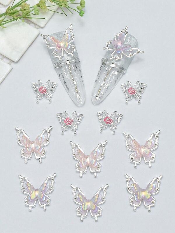 Paquete de 10 Decoraciones de uñas de Mariposa Iridiscente Hueca de Plata - Decoraciones de Uñas 3D de Mariposa Japonesas
