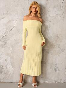 PARTHEA Off Shoulder Knit Solid Color Bodycon Off Shoulder Sweater Dress - Yellow - View 6