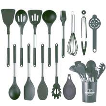 12/14 pièces Set d'ustensiles de cuisine en silicone, Set d'ustensiles de cuisine, Set d'outils de cuisine, Set de fournitures de cuisine, comprend un seau de rangement, une spatule de cuisson anti-adhésive, des pinces, des ustensiles de cuisine lavables modernes, des essentiels de cuisine, cadeau de Noël/Halloween