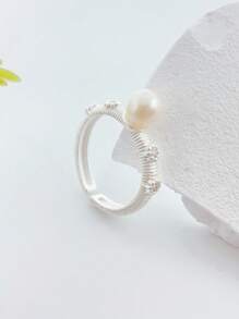 1pc Handmade Baroque Style Irregular Pearl Ring, Silver Vintage Stacking Rings For Women Everyday Wear