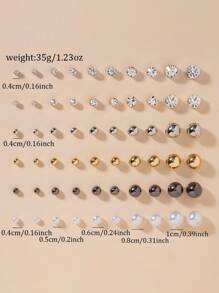 30Pairs/Set Minimalist Round Faux Pearl & Rhinestone Stud Earrings, Stylish Cute Assorted Sizes & Designs, Perfect Holiday Gift For Women, Everyday Casual Wear
