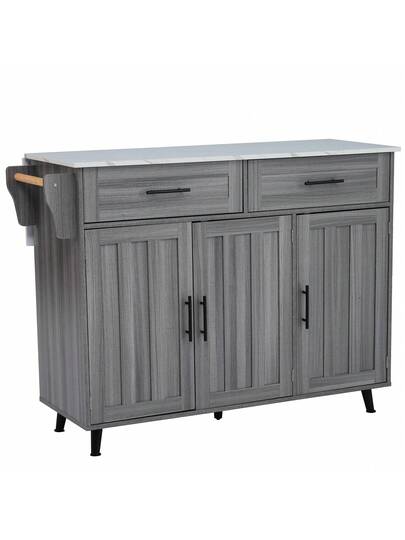Kitchen Isl Sideboard Marble Effect Worktop, Extendable Tabletop Storage Space, Serving Trolley Wheels Drawers, Ideal Dining Room view 9