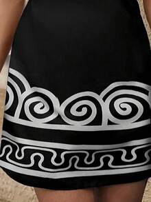 Váy mini tay ngắn dệt kim thường ngày dành cho nữ, cổ tròn họa tiết hình học, chân váy mini ôm màu đen - Màu xanh lam - Xem 6