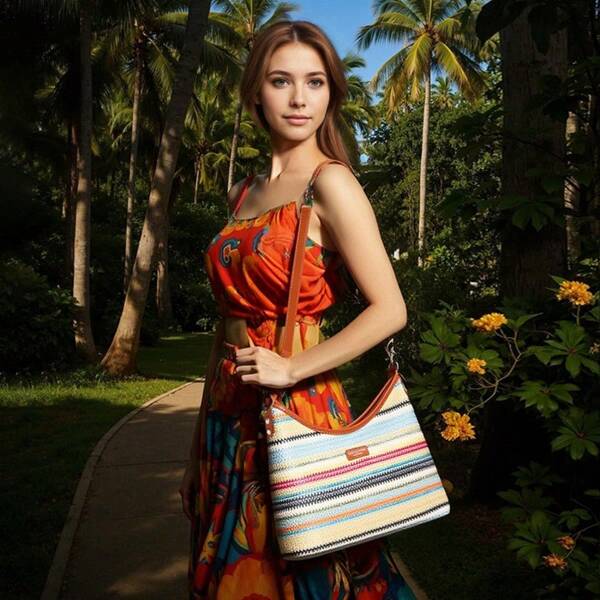 Fashionable Women's Adjustable Strap Multicolor Woven Crossbody Bag, Scratch-Resistant And Durable Fabric, Bohemian Style Weaving Purse Suitable For Commuting And Casual Outfit