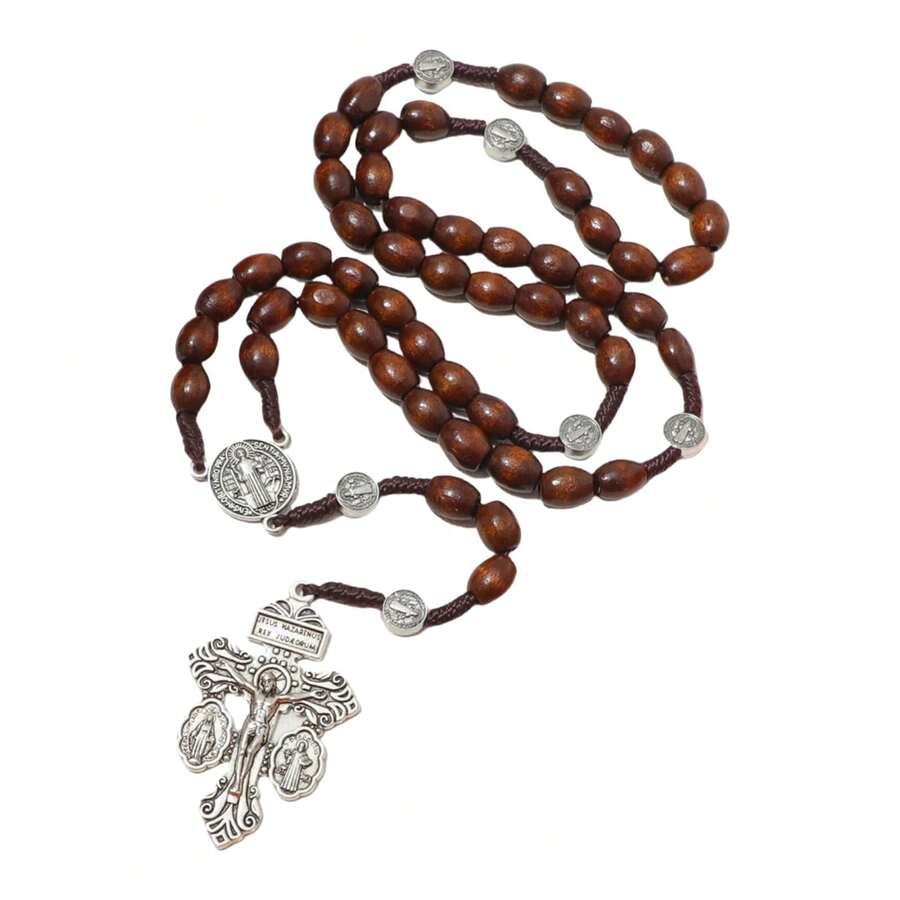 圣本笃木质念珠项链（1件），男士祈祷珠，天主教信仰饰品，宗教礼物