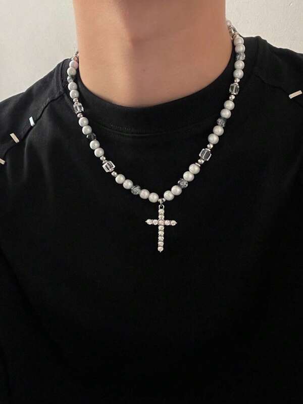 1PC Cross Beaded Titanium Necklace For Men Cool Hip Hop Accessories Couple Jewellery For Party And Daily Wear Anniversary Party Birthday Gifts
