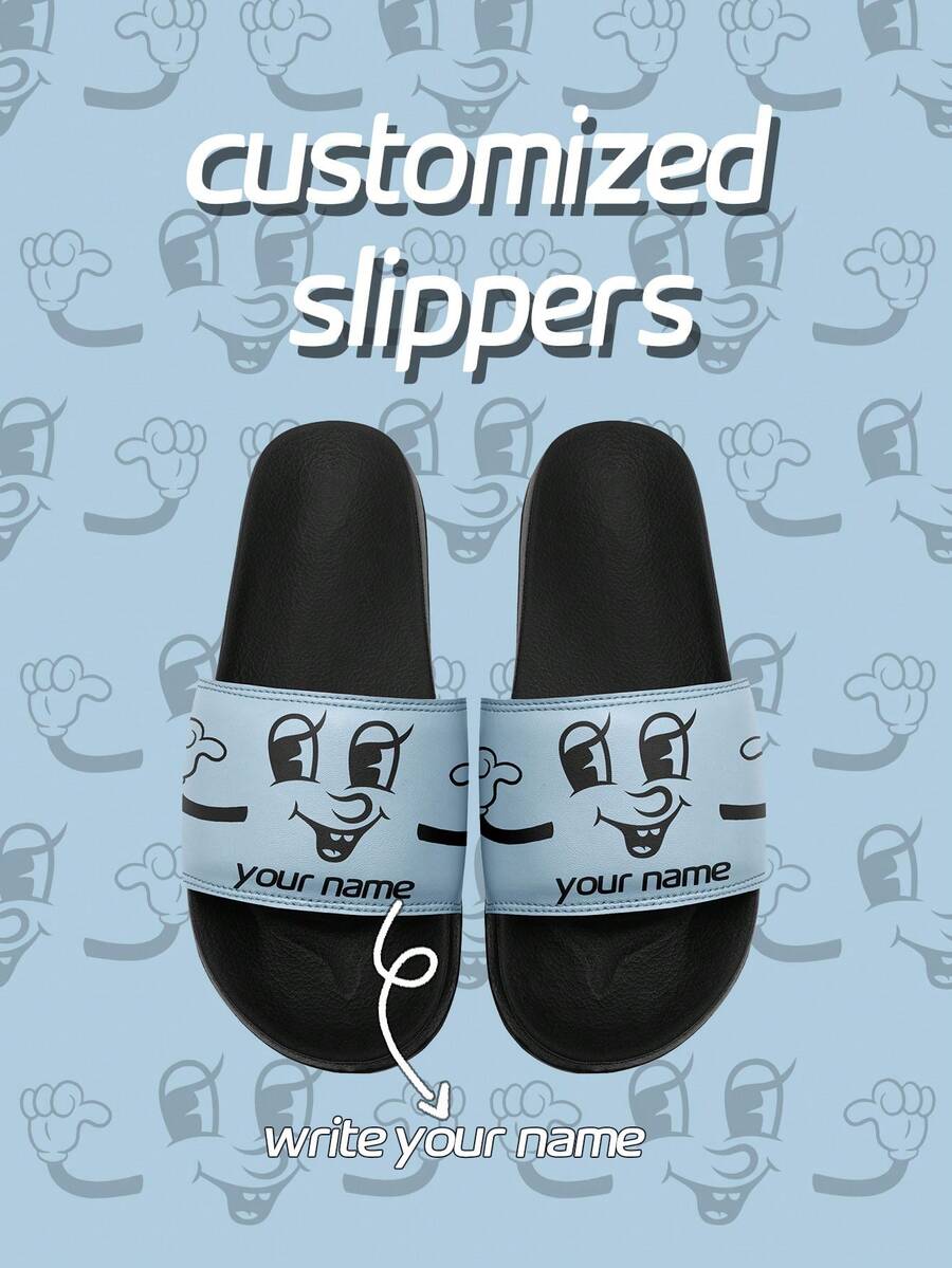 [Customizable Names] Men's Smiling Face Pattern Personalized Slippers, Summer Couple Casual Anti-Slip Beach Sandals, Customized Slides Suitable For Men - Multicolor - View 1