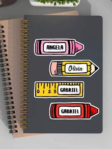 100/50/20/10/1件装定制卡通文具造型贴纸，书籍标签贴纸，定制姓名铅笔蜡笔造型贴纸，教师贴纸，返校贴纸，铅笔贴纸，适合作为节日礼物，可重复使用，现代，色彩丰富，可爱，复古，卡通，卡哇伊，适合员工、客户、学生，用于商务/工作/办公，学校，度假氛围，初中生，高中生，大学新生，大一新生，大二学生 - 彩色 - 查看 2