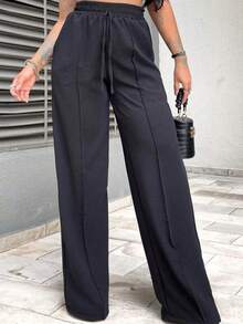 Duna Women's Wide Leg Pants Elastic Waist With Pocket High Waist Simple Casual Elegant Party Drawstring Split Pocket Daily Trousers - màu đen - Xem 4