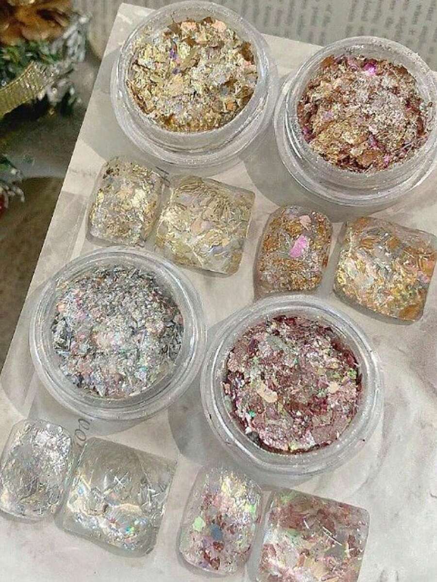 4片/套 全息美甲箔片闪粉，4种颜色，3D闪粉铝箔，金银色美甲闪粉，美甲产品，镜面闪粉，亚克力美甲设计闪粉（4盒）