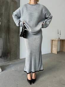 Knopf-detailliertes Rock Set, einfarbiges Lässig Spalt geripptes Knopf Zweiteiler Set für Homewear - Dunkelgrau - Übersicht 5