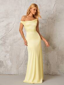 Cold Shoulder Ruched Trim Mermaid Hem Bodycon Elegant Formal Evening Gowns(Zipper,Sexy,Elastic Force) - Yellow - View 3