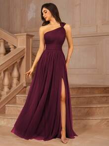 MOEVIO 女士不对称单肩交叉领口薄纱露背A字型正式长款伴娘婚礼宾客活动礼服，适合夏季情人节生日礼服、秋季女装、返校节生日女士服装 - 酒紅色 - 查看 3