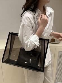 2pcs/Set Women Fashion Color Block Transparent Beach Tote Bags - Black - View 6