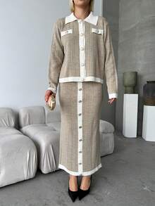 Button Detailed Skirt Set, Solid Color Casual Split Ribbed Button Co-Ord Set For Home Wear - Coffee Brown - View 1