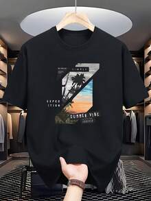 Una camiseta casual de manga corta y corte holgado para hombre con estampado de palmeras, a la moda para mujeres, adecuada para vacaciones y uso diario. - Negro - Ver 6