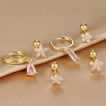 3pcs Square Pink Zirconia Flower Earrings Set For Women 18K Gold Plated Stainless Steel And Copper Helix Screw Cartilage Piercing Party Jewelry Accessories Valentines,Mom,Mother,Mother's Day,Gift