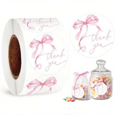 500pcs Knot Thanks Stickers - 1-Inch Watercolor Self-Adhesive Labels, Suitable For Parties, Weddings, Small Business Decorations, Elegant Pink Ribbon Design, Classroom Self-Adhesive Paper Stickers; Elegant Writing Font Design; Cute Stickers