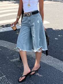 Women's Distressed Asymmetrical Hem Capri Denim Jeans Casual Summer - Light Wash - View 5