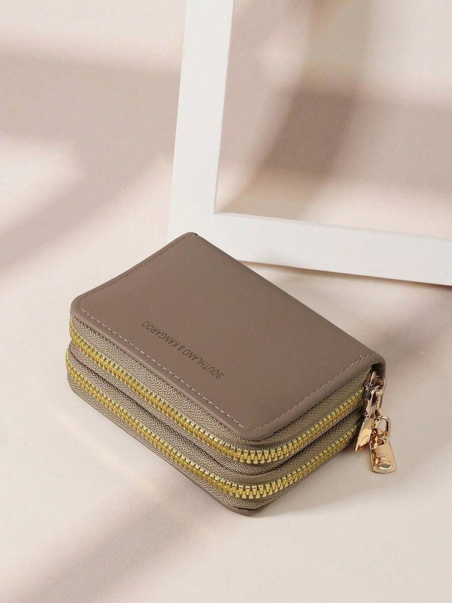 SOUTHLAND&KANGAROO Double Zipper Multifunctional Coin Purse Letter Pattern Card Holder Multi-Slot Card Storage Bag, Can Store Credit Cards And Other School Supplies, Suitable For Student Dorm Use, Women's Wallet Mini Wallet Clutch Card Holder - Khaki - View 1