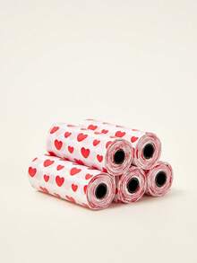 PETSIN 5 Rolls Of 75pcs Heart Shaped Pet Waste Bags (1 Roll=15pcs, Opened Size 30x22cm), Outdoor Portable Cleaning, Can Be Used As Car Trash Bags - Red and White - View 5