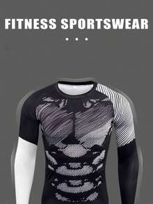 3 件套压缩运动上衣，圆领长袖，迷彩印花图案，紧身剪裁，涤纶混纺针织面料，适合跑步、篮球、骑行、健身、户外运动 - 彩色 - 查看 3