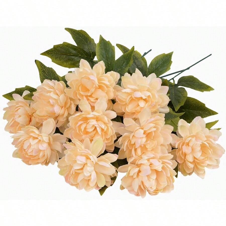 2025new10 Pcs Artificial Silk Dahlia Bouquet With Long Stem 15 Champagne Fake Flower Floral Arrangements Wedding Bridal Bouquet For Autumn Thanksgiving Festival Table Centerpieces Home Decor - Rượu sâm banh - Xem 1