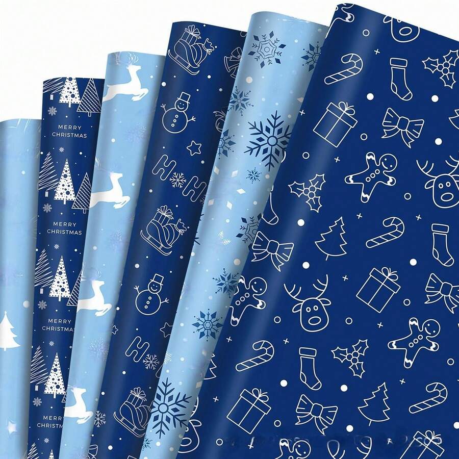 12pcs Christmas Snowflake Elk Deep Blue Gift Decorative Paper Party Gift Box Decorative Outer Packaging Paper, And Safe Paper, Made By Modern Printing Press. It Is Easy To Fold And Cut, And The Prints On The Paper Are Exquisite And Clear.