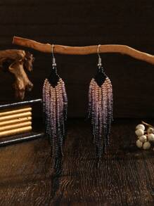 Brincos Artesanais Boho de Contas, Estilo Vintage Padrão Geométrico Degrade, Pingentes com Borla, Versáteis para Uso Diário/Férias de Mulheres, Presente Perfeito para Ela