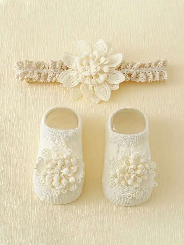 1 Paar Neugeborenen Baby bestickte Blumen Stirnband und rutschfeste, weiche Socken Set als Baby Geschenk, perfekt für Baby Shower