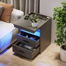 FREDEES Smart LED Nightstand With Hidden Drawer, Nightstand With Charging Station And 3 Colors Human Sensor Lights, Modern Bedside Table With Storage, Gray