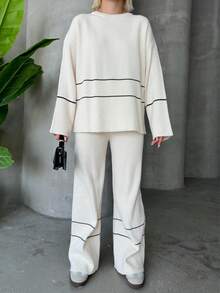 女士休闲心形图案圆领长袖套头衫和长裤套装，刺绣设计 - 白色 - 查看 2